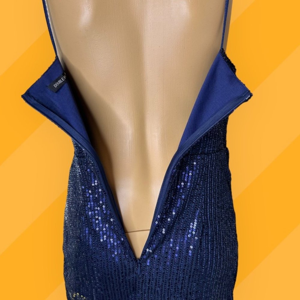 Double Crazy Blue Sequin Mini Dress Large L Lined Sleeveless Stretch V-Neck - Picture 7 of 16